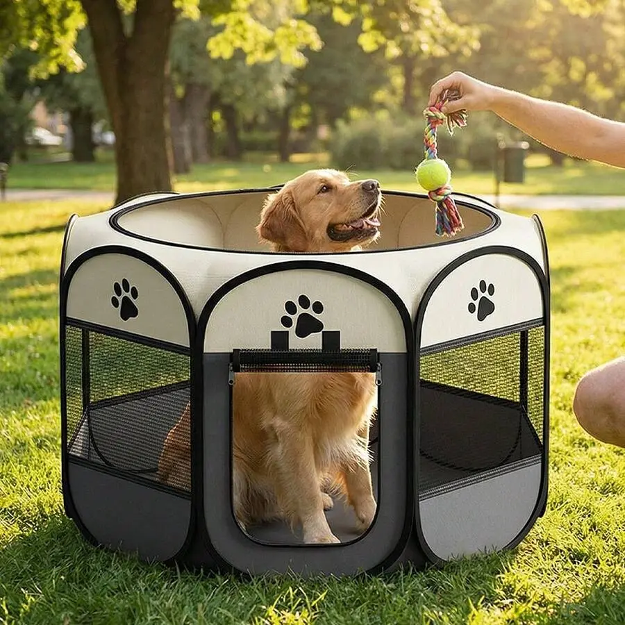 Glamping Pet Playpen: Spacious Octagonal Foldable Tent For Dogs, Cats & Puppies – Heavy-Duty Oxford Base & Water-Resistant Fabric For Outdoor Use. Sets Up In Seconds, Ideal For Road Trips & Picnics.