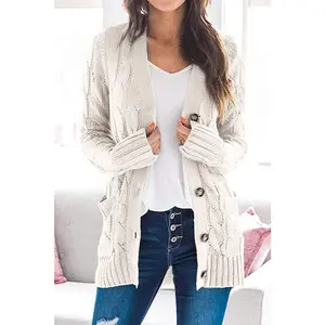 PrettyGarden Knitted Solid Color Button Down Chunky Outwear Cardigan