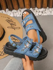 Comfortable Thick Sole Denim Sandals for Women, Floral Embroidery Adjustable Buckle Shoes, Stylish and Versatile Footwear Summer, Bohemian Sandals
