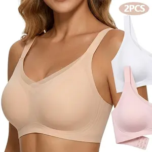 2PCS Women's Wireless Jelly Bras V Mesh Comfortable Bralette Supportive Tshirt Bra No Underwire Seamless Push Up Everyday Bras
