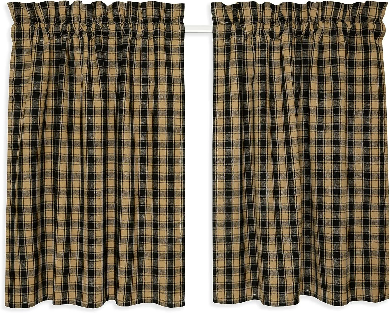 Black and Tan French Check Cafe Curtains Woven Cotton 28 Inches W x 36 Inches L, Set of 2