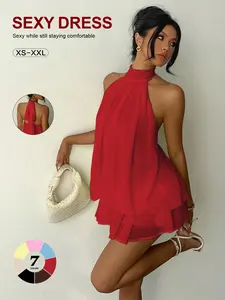 Elegant Chic Halter Chiffon Lightweight Ruffle Dress, Backless Sleeveless Party Mini Dress, Sexy Loose-Fitting Plain Jumpsuit for All Seasons