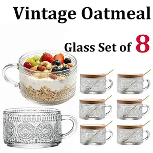 8pcs Bundle Antique Coffee Mugs Gift Bundle for Women, Overnight Oats Containers with Bamboo Lids and Stainless Spoons - 14oz See-through Emboss Glass Tumblers, Chic Coffee Bar Supplies, Iced Coffee Beverage Glasses