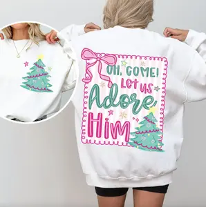 Oh Come Let Us Adore Him Sweatshirt, Jesus Christmas Sweater, Pink Coquette Christmas Tree Tee, Christian Christmas Gifts, Jesus Shirt, Faith Hoodie