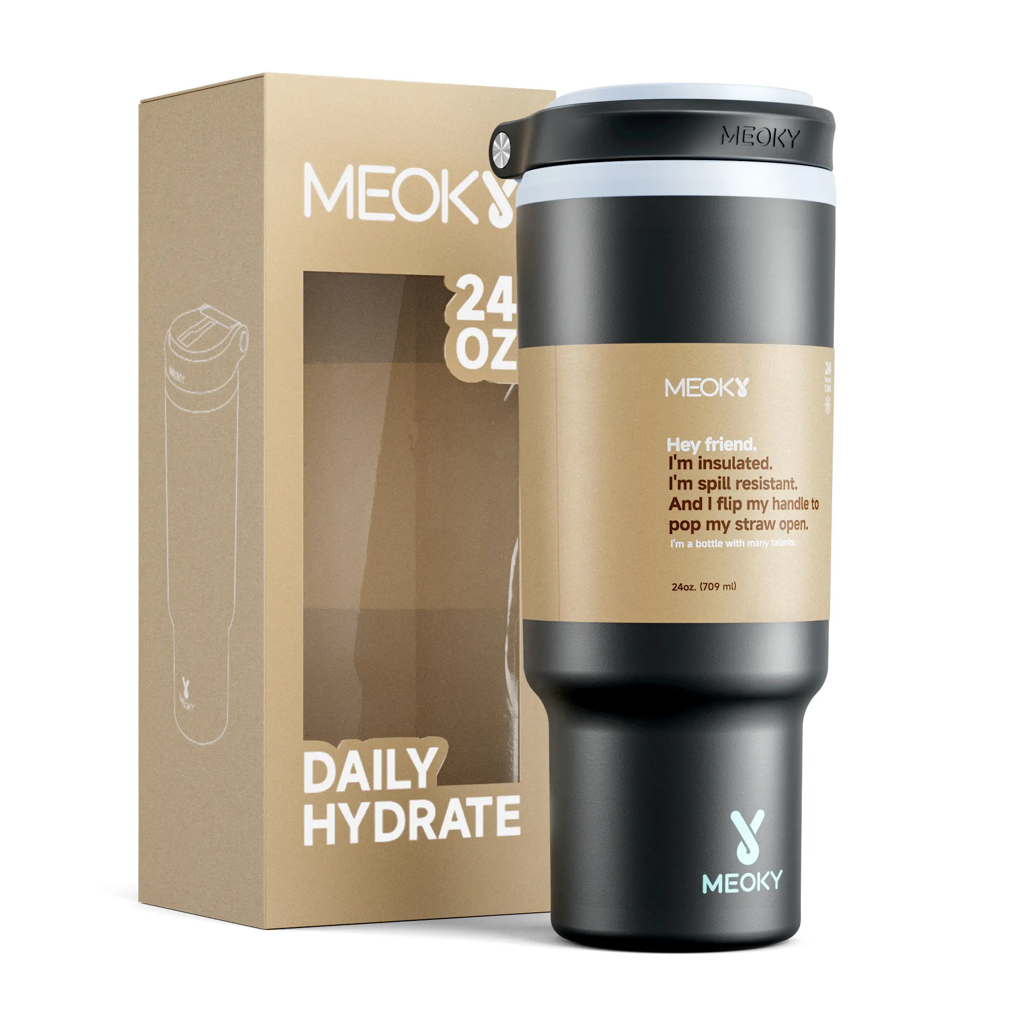 MEOKY 24oz Tumbler with Auto Pop-Up Straw,Leak-Proof Water Bottle, Stainless Steel Travel Cup with Flip Carry Loop, Car Cup Holder Friendly #TikTokShopSummerSale
