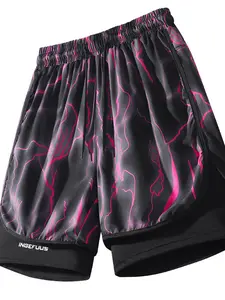 Men's Two-In-One Compressive Lining Gym Shorts, Lightning Pattern Running Shorts, Comfortable and Durable Athletic Wear