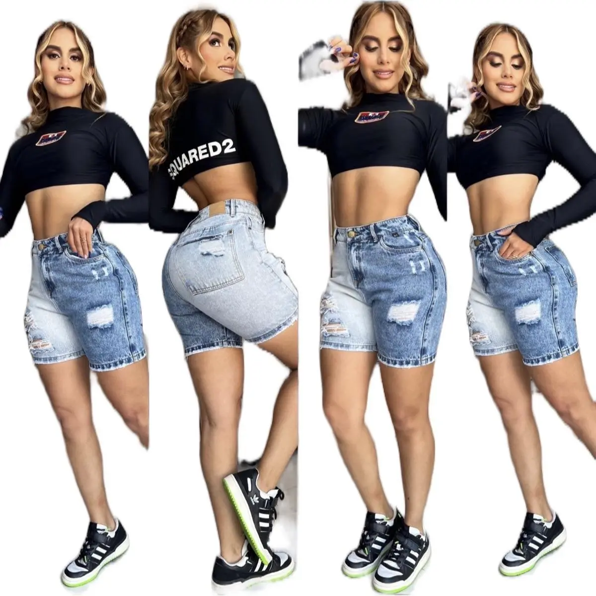 K4090BIC Premium Colombian High-Waisted Two-Tone Denim Shorts – Loose-Fitting Rigid Fabric