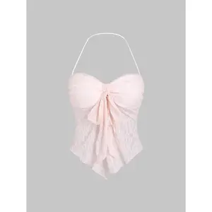 Spring Floral Lace Halter Top Backless Tie Front Bow Top Asymmetrical Crop Top