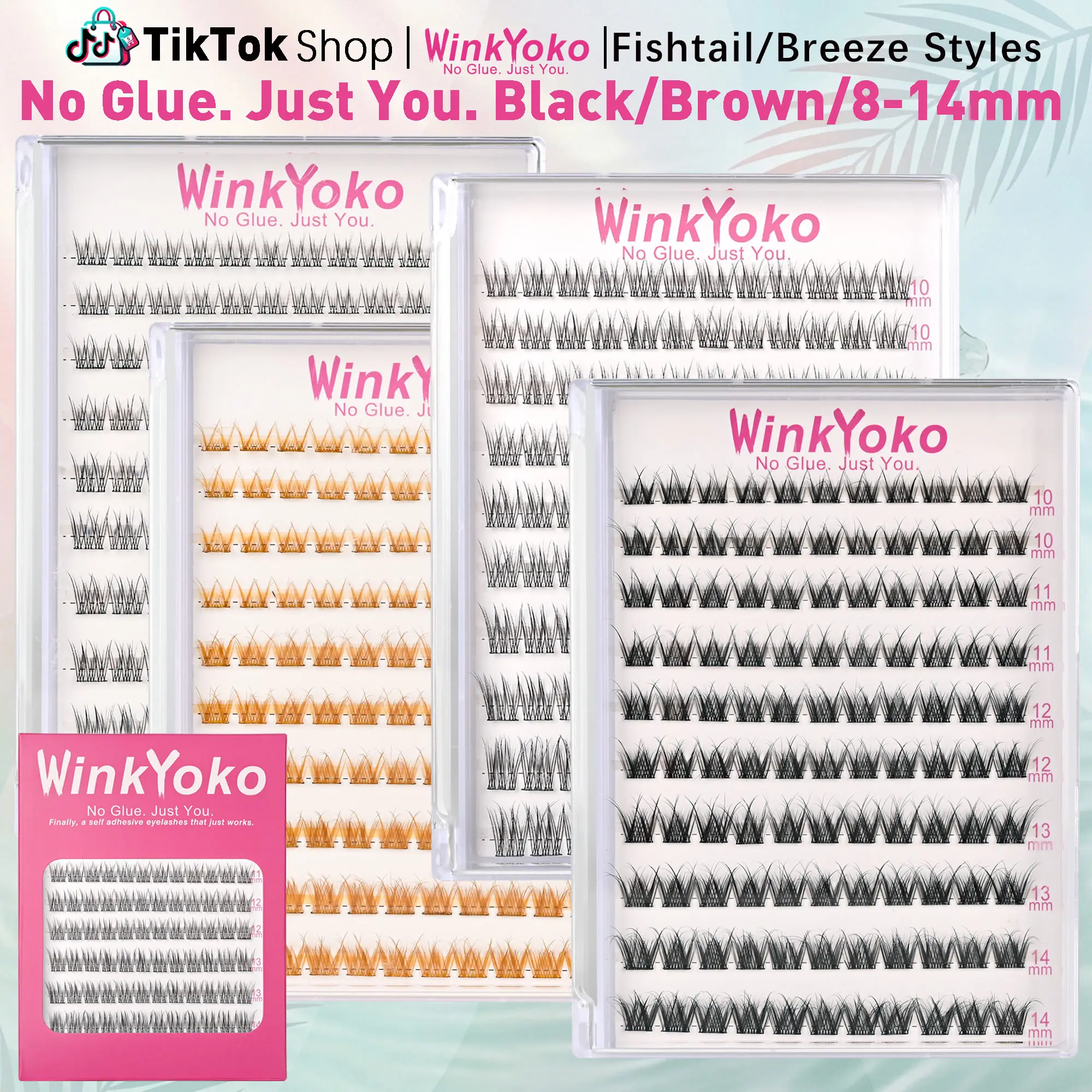 Self Adhesive Natural Lash Clusters-Fishtail Styles, WinkYoko No Glue Beginner Friendly Lashes, C Curl Diy Lash Extension, 8-14mm Mixed Length Individval Natural-Look Eyelash Extension, Pre-Glued Long Lasting lightweight Wispy Cat Eye Look No Glue Needed
