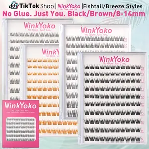 Self Adhesive Natural Lash Clusters-Fishtail Styles, WinkYoko No Glue Beginner Friendly Lashes, C Curl Diy Lash Extension, 8-14mm Mixed Length Individval Natural-Look Eyelash Extension, Pre-Glued Long Lasting lightweight Wispy Cat Eye Look No Glue Needed