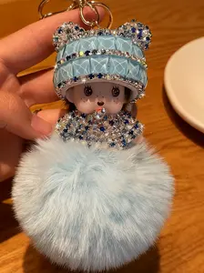 Blue Plush Keychain High-Quality Macaron Color Keyring Personalized Bag Charm Multifunctional Handmade Rhinestone Keychain for Women and Kids