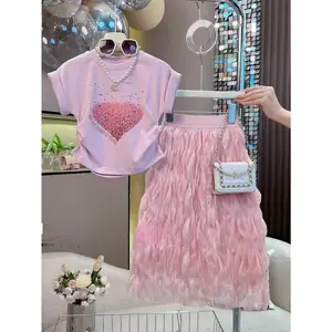 Girls' New Summer 2pcs Set: Heart Sequin Short-Sleeve T-Shirt + Pink Pleated Midi Skirt| Sweet Girl Style Outfit