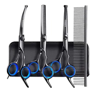 Gimars Dog Grooming Scissors Kit Professional 4CR with Safety Round Tip, 5 in 1 Heavy Duty Titanium Coated Thinning & Curved & Straight Shears