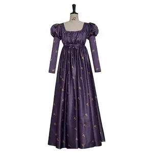 Jane Austen Regency Floral Ball Dress Purple Vintage High Waistline Costumes Ball Gown
