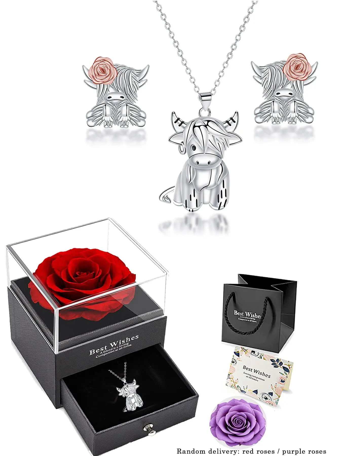 Mother's Day Gift Highland Cow Vintage Jewellery Gift Set - Playful Yet Refined Cute Highland Cow Pendant Necklaces with Floral Earrings Rose Accent Earrings, Comes with a rose gift, Costume Jewelry Sets