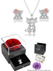 Mother's Day Gift Highland Cow Vintage Jewelry Set - Playful Yet Refined Cute Highland Cow Pendant Necklaces with Floral Earrings Rose Accent Earrings, Comes with a rose gift, Costume Jewelry Sets