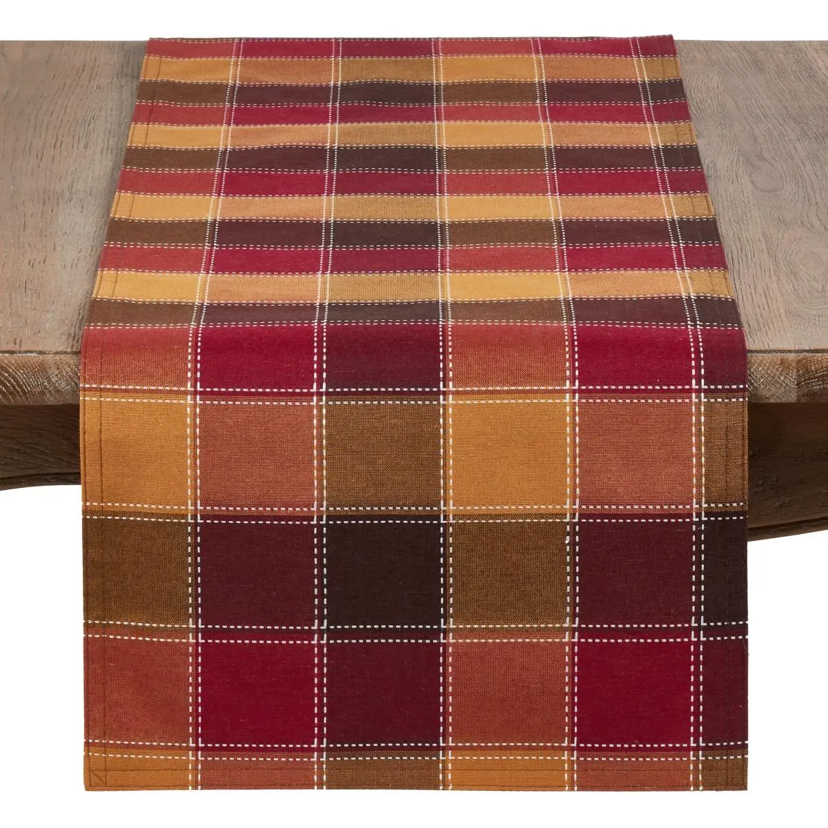 SARO 8571.M1672B Rectangular Cotton Blend Table Runner - 16x72 in, Stitched Edges, Plaid Design, Multi-Color, for Home Kitchen Use, Rectangular Shape