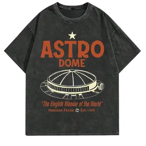 Men's Vintage Houston Astrodome Graphic T-Shirt - 230g Water-Washed Cotton Retro Streetwear Tee with "Eighth Wonder of the World" Print, All-Season Comfort, Machine Washable, Ideal Holiday Gift, Comfortable Clothing | Classic Round Neck | Soft T