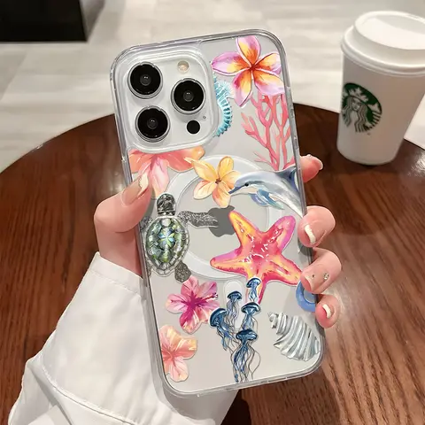 Marine Life Pattern Silky Frosted Shockproof Cellphone Case - MagSafe-Compatible Magnetic Casing, Wireless-Friendly E-Commerce Phone Accessories for iPhone X/XS/11/12/13/14/15/16/17 Pro Max Plus Air 17e
