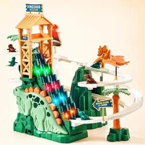 Dinosaur Race Track Set for Kids, Electric Dinosaur Track Toy with Double Elevator, Circular Slide, Lights & Music, Mini Dino Cars Vehicle Playset for Boys Girls