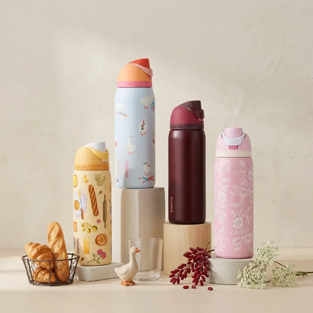 32 Oz Owala FreeSip Special Edition FreeSip Insulated Stainless Steel Water Bottle - BPA-Free Leak-Proof with 2-Way Spout, Built-In Straw for Travel, School, Cowgirl Core, Brunch Bunch, Black Cherry, Ribbon Toile Drinkware Flasks