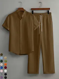 Men's Textured Button Shirt & Casual Pants Set, Breathable Fabric, Business & Leisure Style, Summer Fashion, Comfortable Fitted Fit