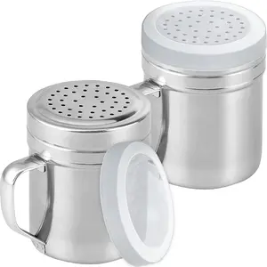 CUSINIUM Metal Salt and Pepper Shakers with Handle - 10oz Seasoning Dredge Set - 2 Pack Spice Shakers with Lids and Holes - Stylish Medium Size for Kitchen and Dining CUSINIUM
