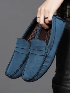 Men's Handmade Suede Slip-On Loafers, Rubber Sole Soft Lightweight Casual Driving Shoes