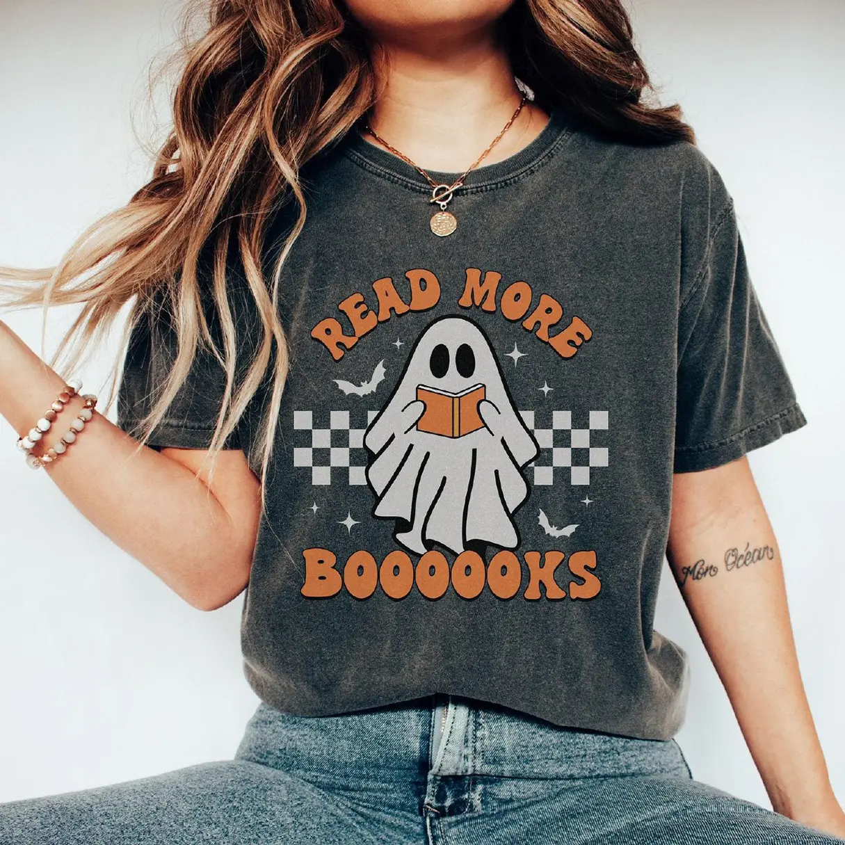 Comfort Colors Teacher Halloween Shirt, Halloween Teacher, Read More Books, Spooky Teacher Ghost Shirt, Halloween Party, Ghost Reading Books Tee Unisex Womenswear Graphic Tops