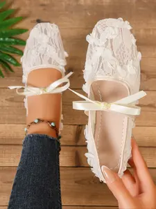 Ballet Mesh Mary Jane Shoes Embroidered Bow Strap Flat Shoes, Casual Textile Upper Rubber Sole, All Seasons