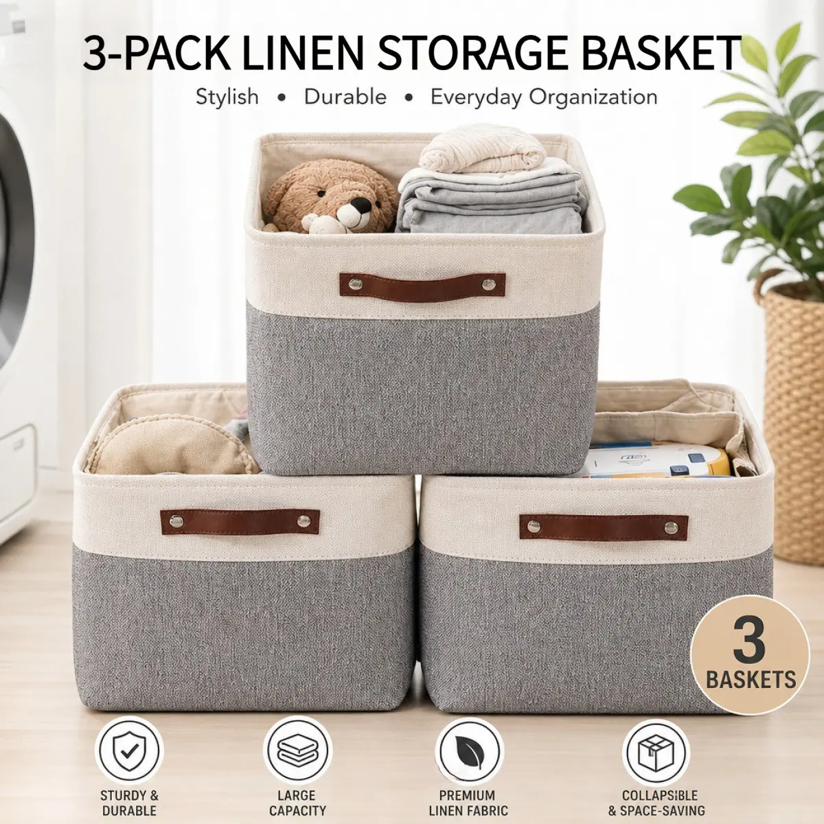 Burlap Storage Basket Set of 3, Home Storage Organizer, Style 3, Dimensions 38x28x24 Cm, Universal Design, Capsule Type, H Home-Mart Model