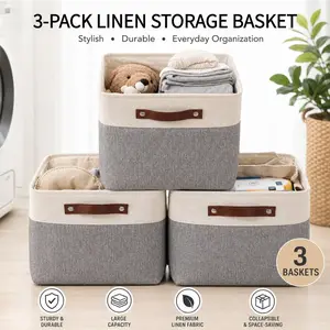 Burlap Storage Basket Set of 3, Style 3, Dimensions 38x28x24 Cm, Universal Design, Capsule Type, H Home-Mart Model