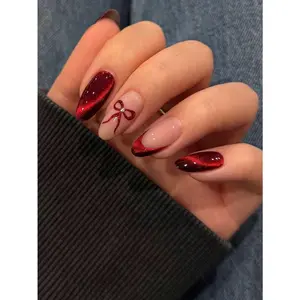 24pcs Multicolor French Red Cat Eye Nail Stickers - Medium Almond Shape, Bow Decor, Reusable, Full Coverage, Minimalist Cute Style, Smooth Surface, Suitable For Women Daily Wear