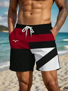 Men's Colorblock Beach Shorts Quick-Dry Swim Trunks Casual Short Pants for Vacation Sports Fashion Loose Fit Mid Waist All over Print