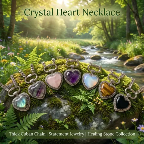 Unisex Thick Cuban Paper Clip Stainless Steel Chain Necklace - Stainless Steel Jewelry with Crystal Heart & Fluorite, Labradorite, Amethyst, Rose Quartz, Opalite, Tiger's Eye, 20in Chains for Everyday Wear, Gifts
