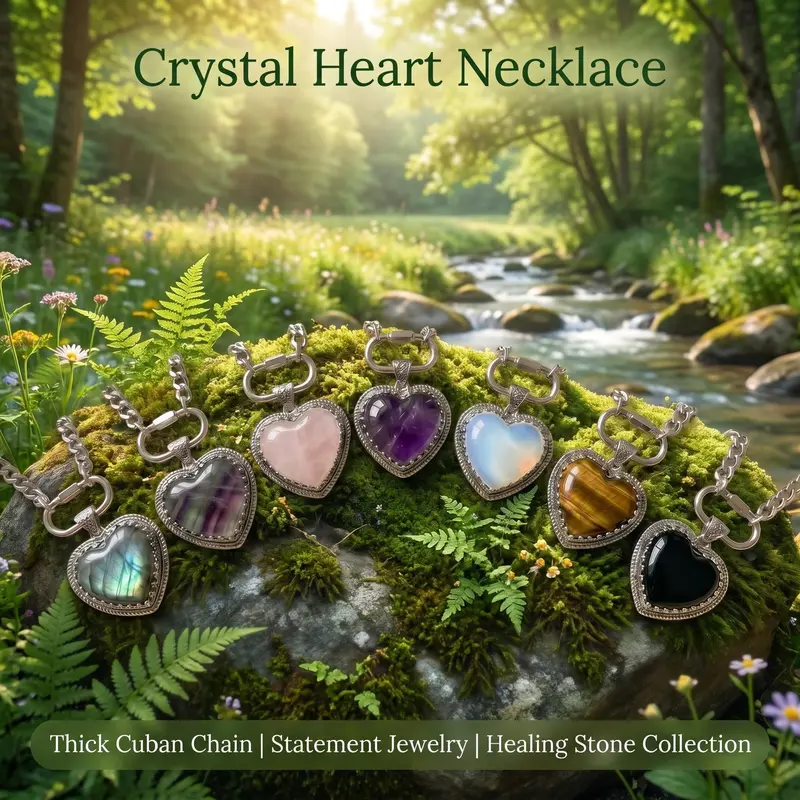 Unisex Thick Cuban Paper Clip Stainless Steel Chain Necklace - Stainless Steel Jewelry with Crystal Heart & Fluorite, Labradorite, Amethyst, Rose Quartz, Opalite, Tiger's Eye, 20in Chains for Everyday Wear, Gifts