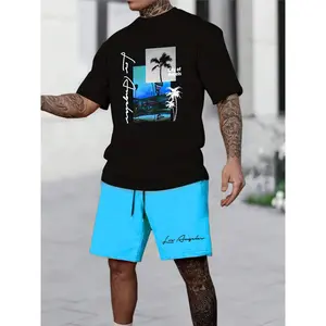 Men's 2pcs Co Ord Set Of LOS ANGELES Letter Print Casual Outfits, Palm Tree Pattern Crew Neck T-shirt And Solid Drawstring Shorts, Trendy Set For Daily, Sports And Holiday Wear