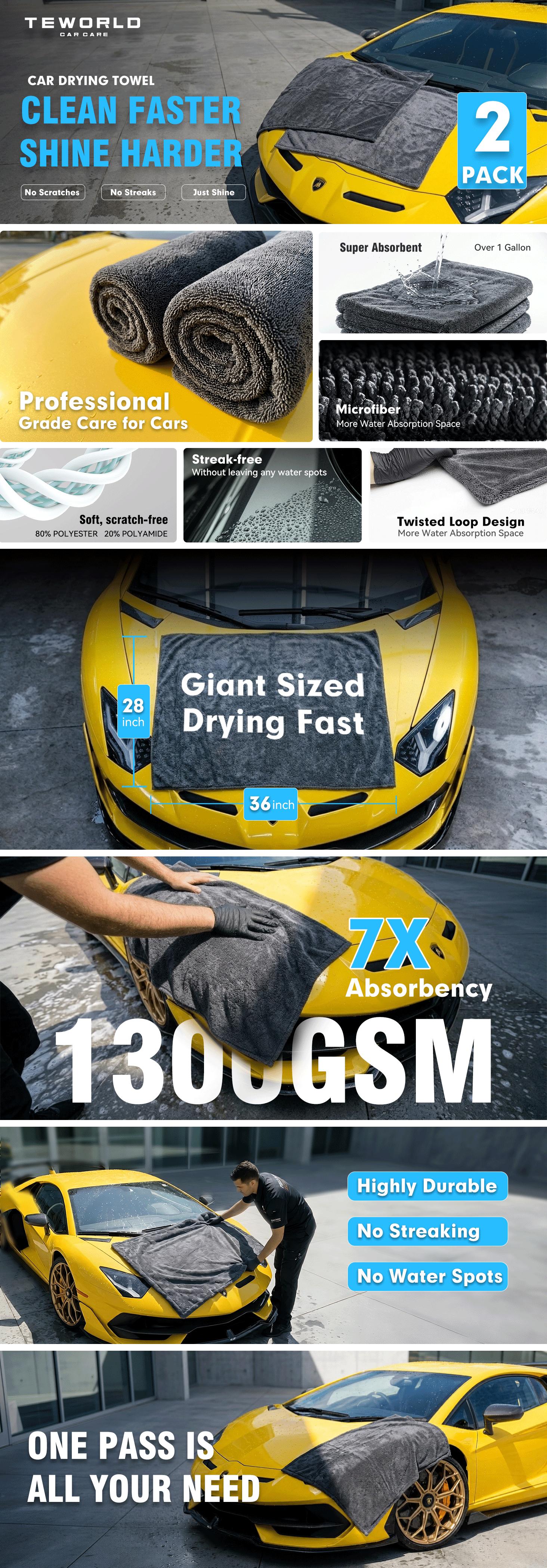 2-Pack 1300 GSM Car Drying Towels – Microfiber Towels for Cars (36" x 24"), Ultra-Absorbent, Streak-Free, Scratch-Free, No Water Spots, Double-Twist Pile & Edgeless Design