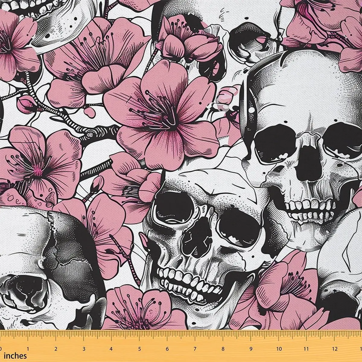 Sketch Skull Fabric Watercolor Pink Cherry Blossom Flowers No Stretch Sewing Fabric Gothic Rustic Wild Floral Soft Flannel Polyester Fabric DIY Home Accents Pre-Cut