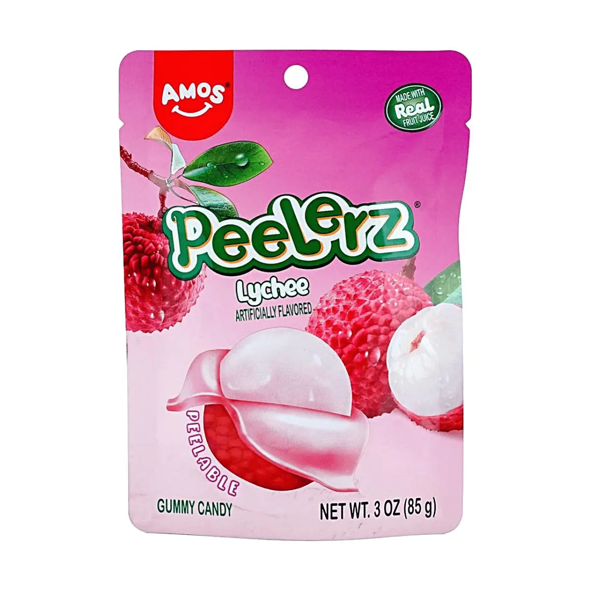 Amos Sweets Lychee Gummy Candy - Real Fruit Juice Added, 85g Pack