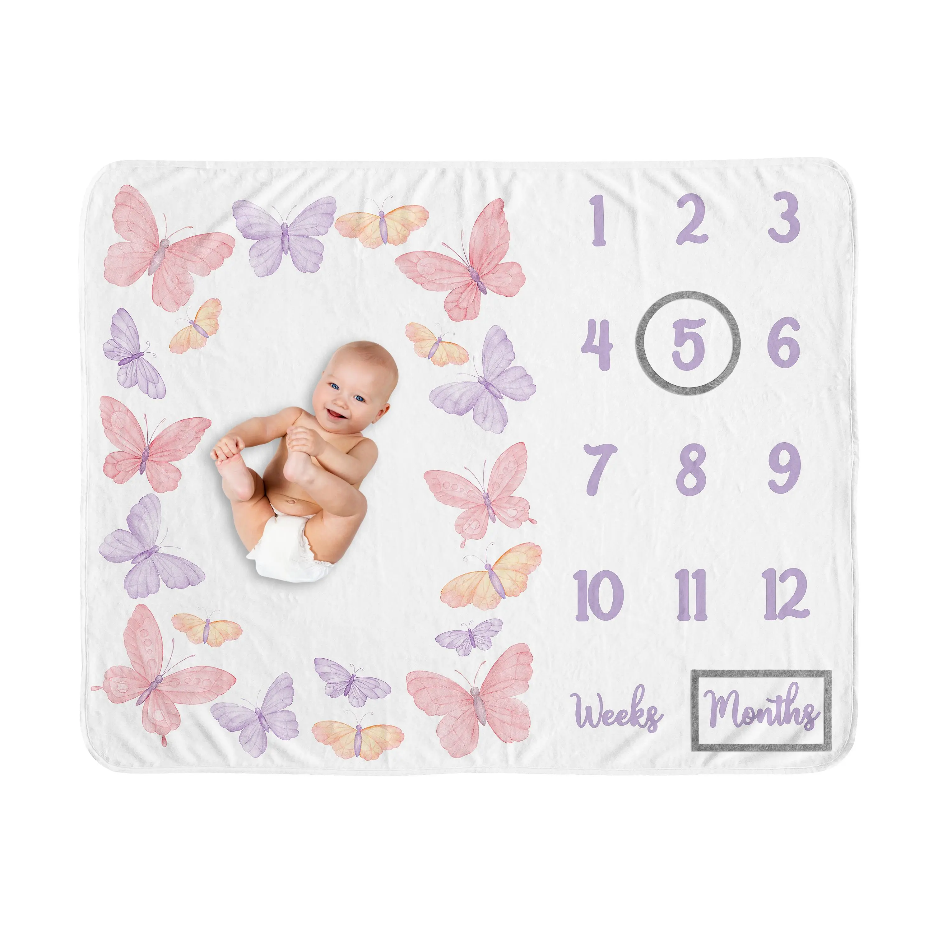 Sweet Jojo Designs Baby Milestone Blanket (Pink/Purple Shabby Chic Butterfly) for Girls, Infant Receiving Blankets for First Year Monthly Newborn Photography Props (Colorful, Watercolor, Butterflies)