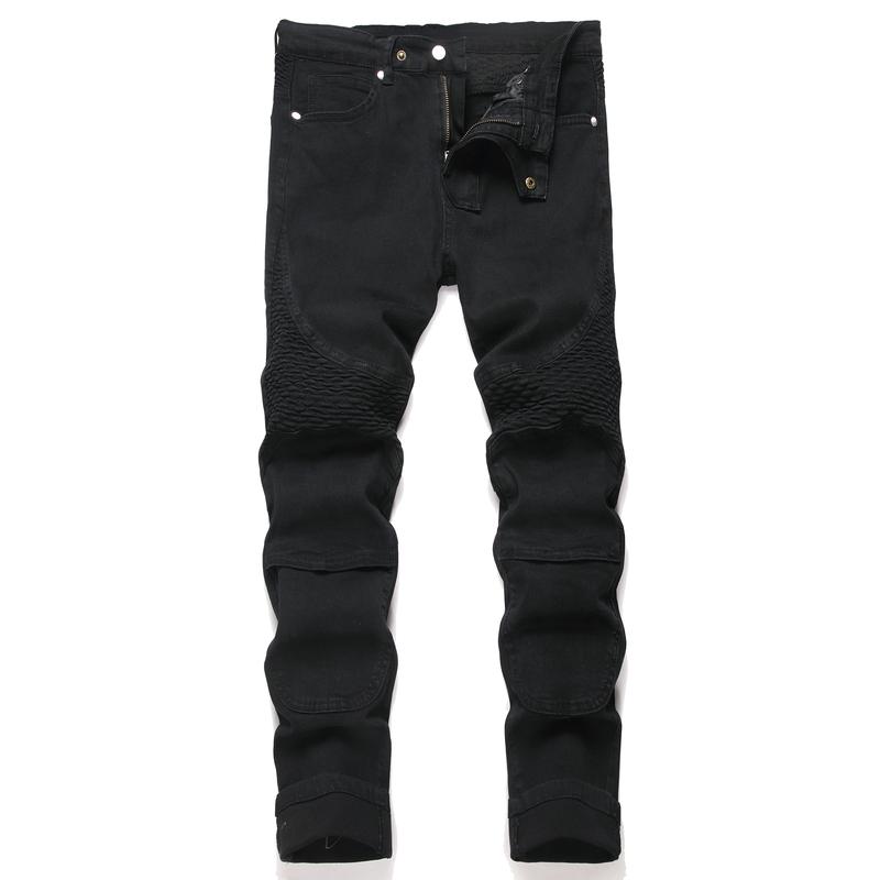 Men's Slim Fit Biker Jeans Ripped & Distressed Moto Denim Pants 100% Cotton Solid Black Color for Stylish Riders