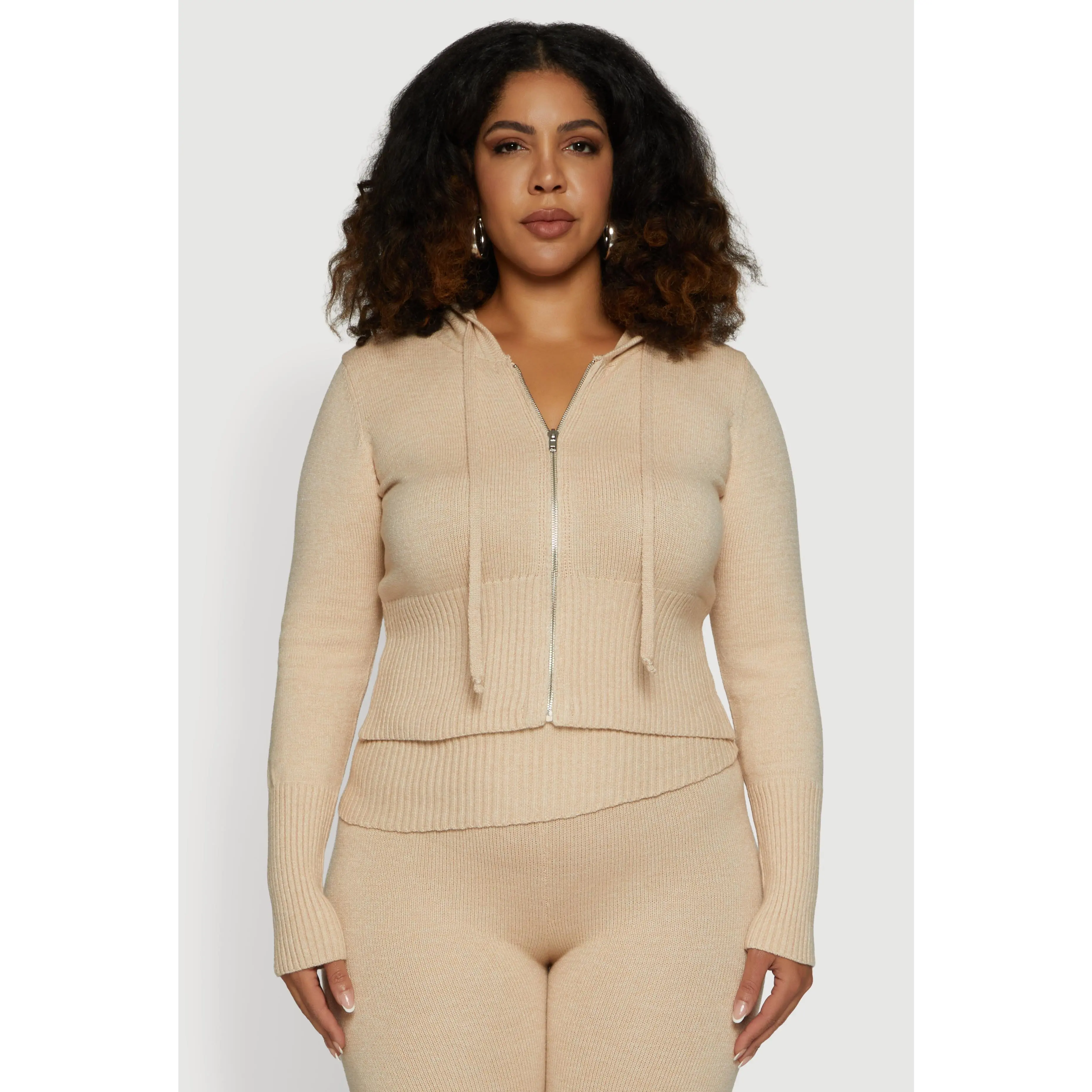 Plus Size Zip Front Hooded Ribbed Knit Cropped Sweater