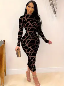 Sheik Apparell Women's Elegant Long Sleeve Geo Print Bodycon Dress Slim Fit Mock Neck mid Elasticity Polyester Spandex Blend