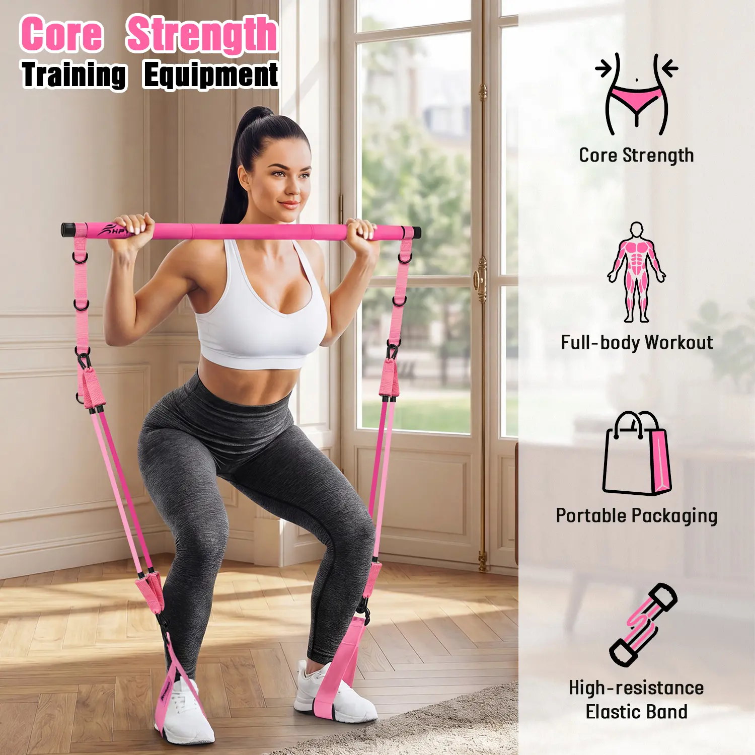 Multifunctional Pilates Bar Kit with Resistance Bands - Portable Home Gym Fitness Set - Durable Elastic Sport Bands & Adjustable Bar for Yoga, Squats & Daily Fitness for All Genders