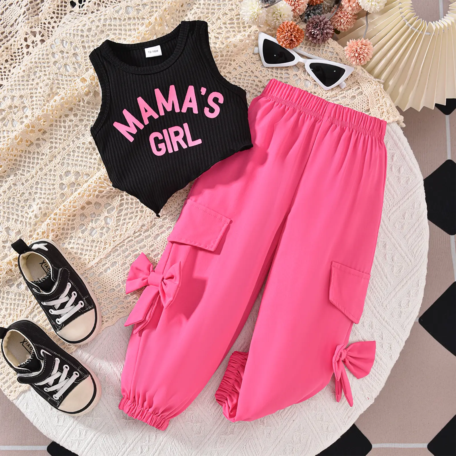 Toddler Little Girl Pants Set Letter Print Sleeveless Tank Tops 3D Bow Elastic Waist Cargo Pants 2 Piece Summer Outfit