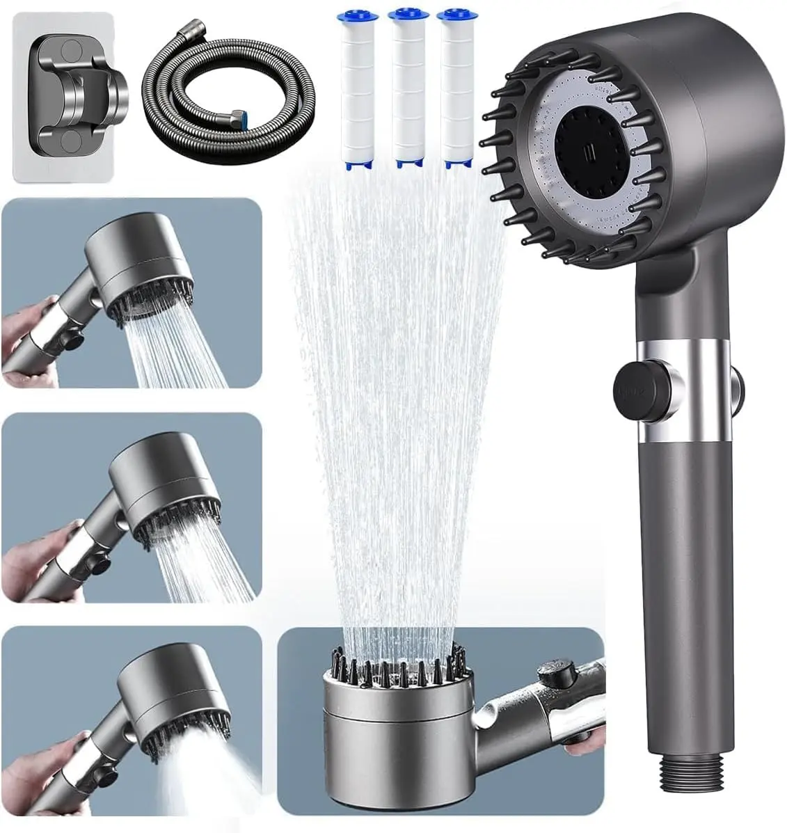 High Pressure Shower Head, Hard Water Filtered Shower Head and Hose Set with 4 Filters, 59‘’ Hose & Bracket, 4 Spray Modes & Pause Switch, Massage Showerhead for Remove Chlorine