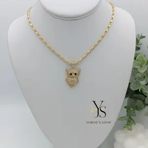 Yordy Chain with Owl design and pendant, 14k gold plating, high quality.