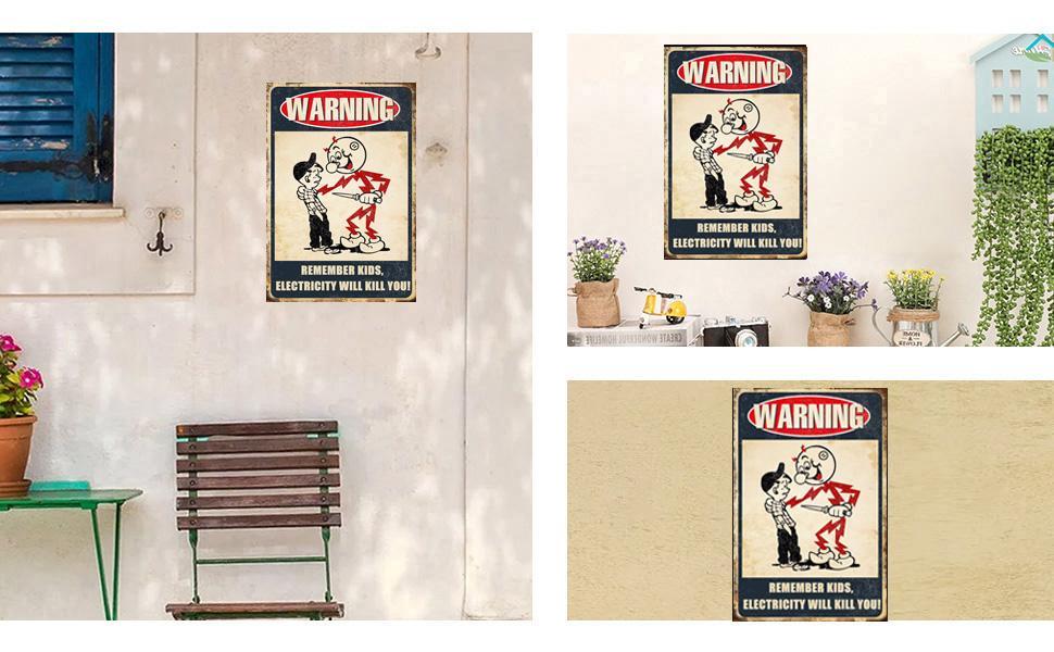 EMOHAT Retro Vintage Lightweight Electricity Safety Metal Tin Sign, Kids Warning Caution Wall Decor Plaque with Mount, 8x12in Wall Display for Home, Garage