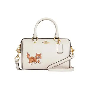 COACH Rowan 17 Mini Crossbody Bag for Women with Cat Print and Animal Badge, Pebbled Leather, Chalk White